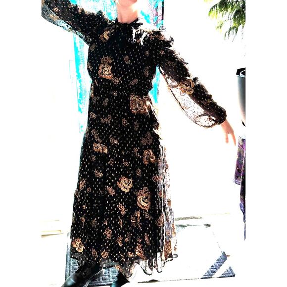 Express Black Gold Embroidered Midi Dress NWT Small Witchy Eventwear - Picture 14 of 16
